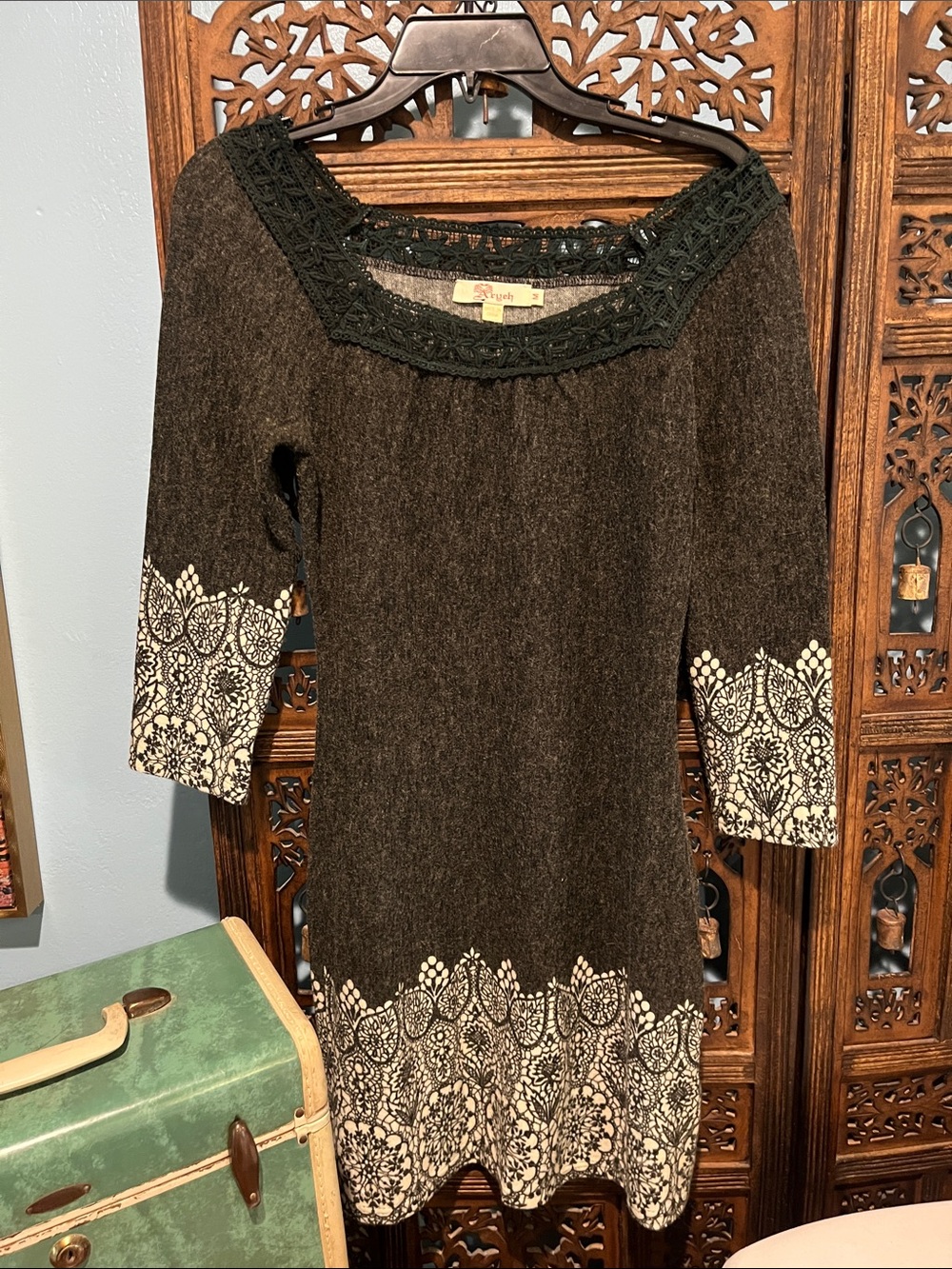 Charcoal Knit Dress with Cream Floral Border and Crochet Neckline